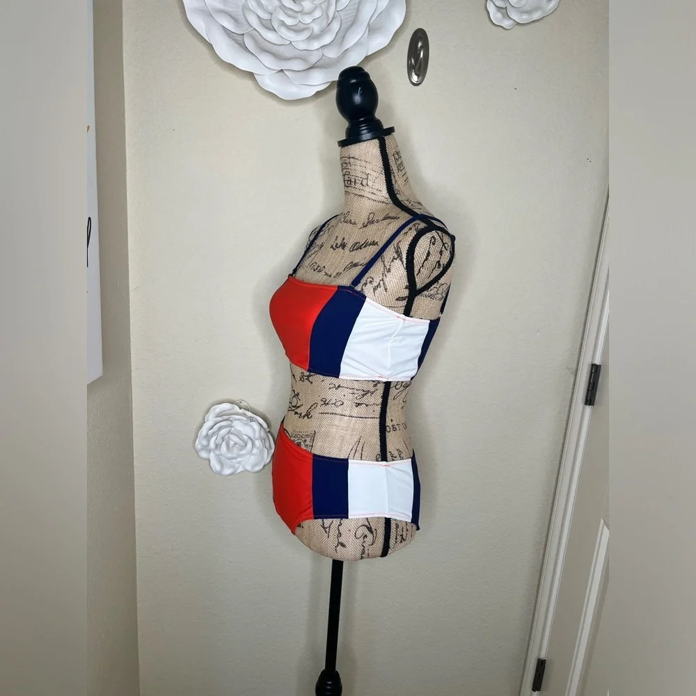 Cupshe Colorblock Bikini Set Orange Blue White Mid Rise Swim Size M - Picture 7 of 16